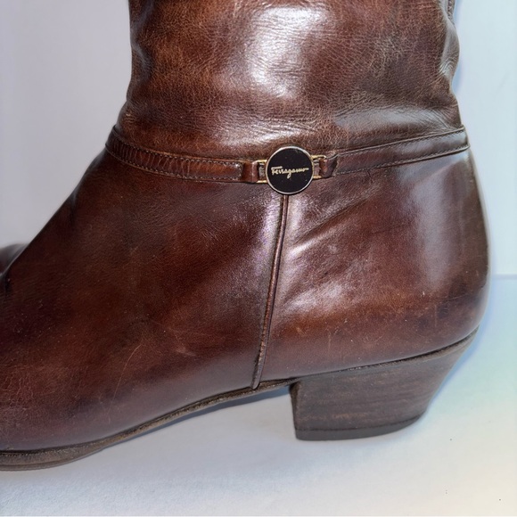 Salvatore Ferragamo KNEE HIGH Leather Boots Side Zip Brown Size 9 Made In Italy - Picture 2 of 16